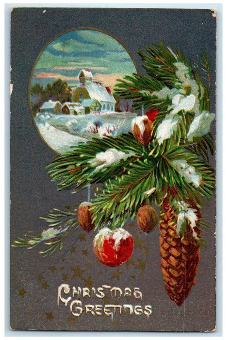 c1910's Christmas Greetings Pine Cone Houses Winter Embossed Antique Postcard