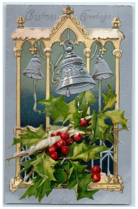 c1905 Christmas Greetings Holly Berries Ringing Bells Nash Embossed Postcard