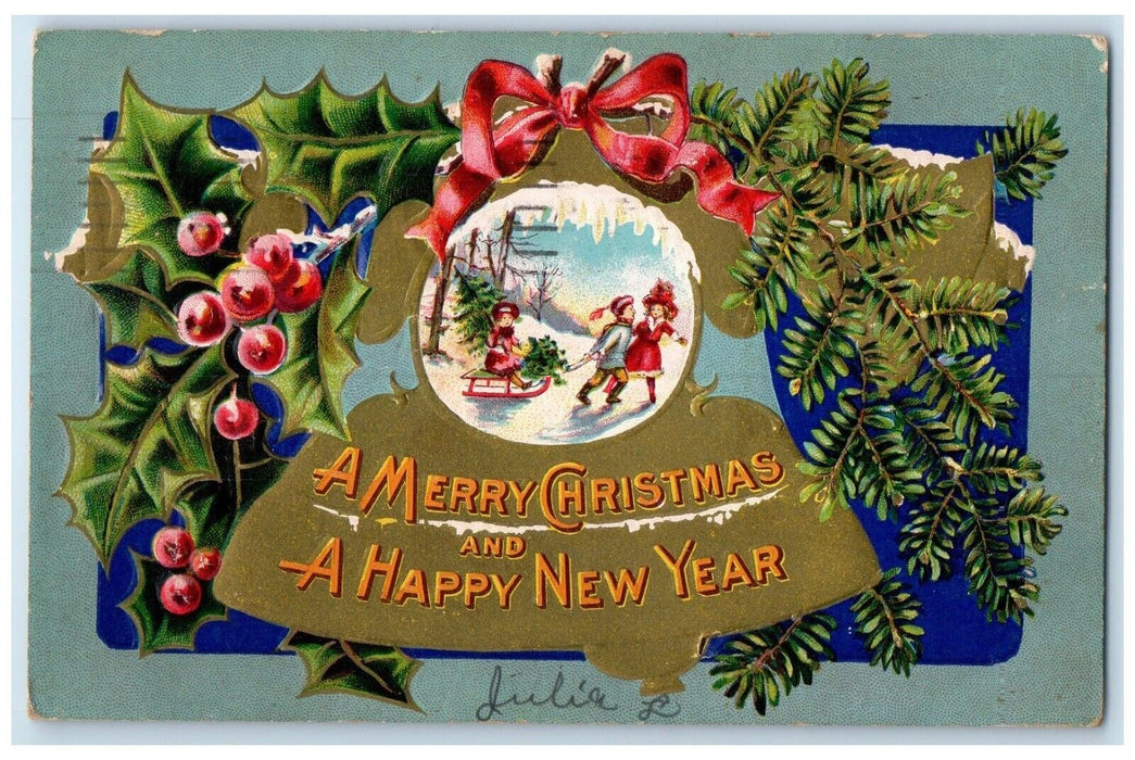 1908 Christmas New Year Ringing Bell Holly Berries Embossed Nash Posted Postcard