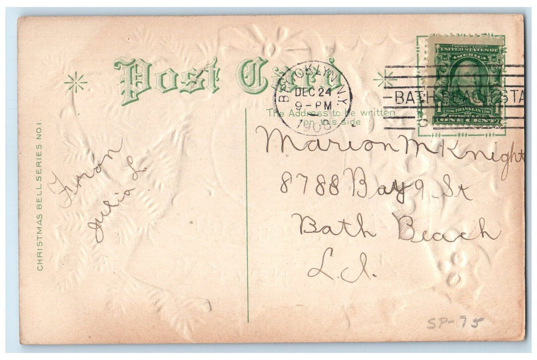 1908 Christmas New Year Ringing Bell Holly Berries Embossed Nash Posted Postcard