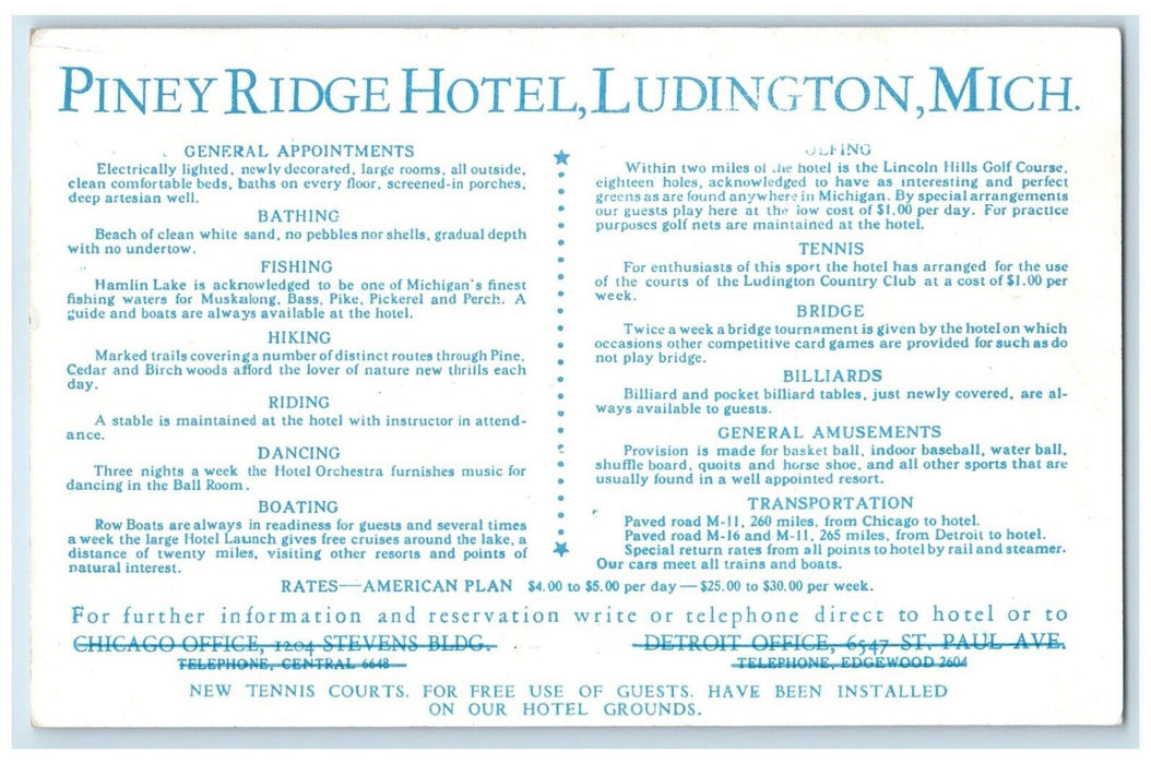 c1920 Piney Ridge Hotel Hamlin Lake Advertising Ludington Michigan MI Postcard