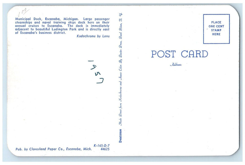 c1957 Passenger Steamships & Naval Municipal Dock Escanaba Michigan MI Postcard