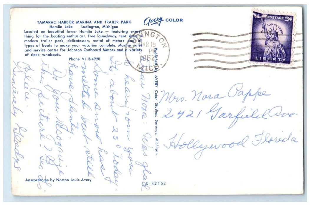 1962 Tamarac Harbor Marina Trailer Park Hamlin Lake Ludington Michigan Postcard