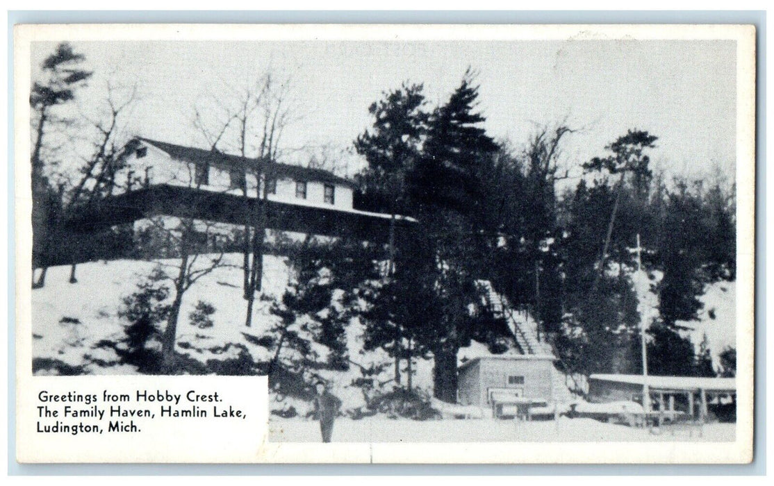 c1949 Greetings From Hobby Crest Family Haven Hamlin Lake Ludington MI Postcard