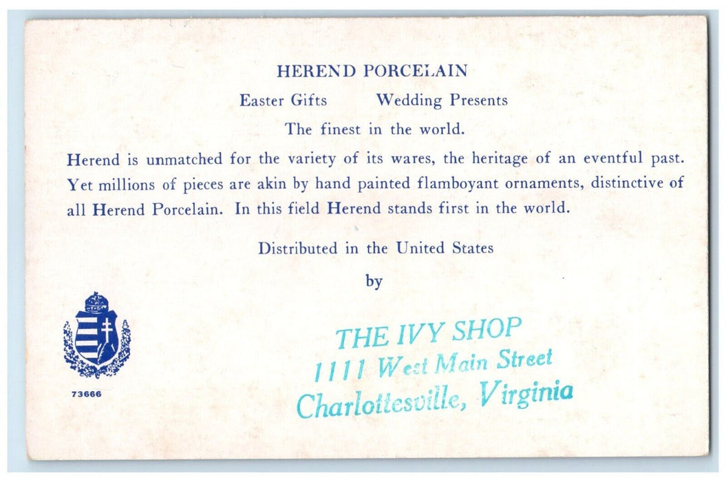 c1960 Herend Porcelain Gift Shop Ivy Shop Charlottesville Virginia VA Postcard