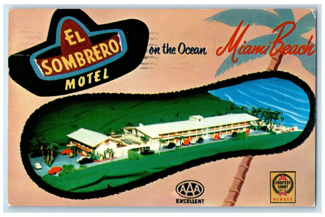 1957 El Sombrero Motel Exterior Water Pool Lounge Miami Beach Florida Postcard