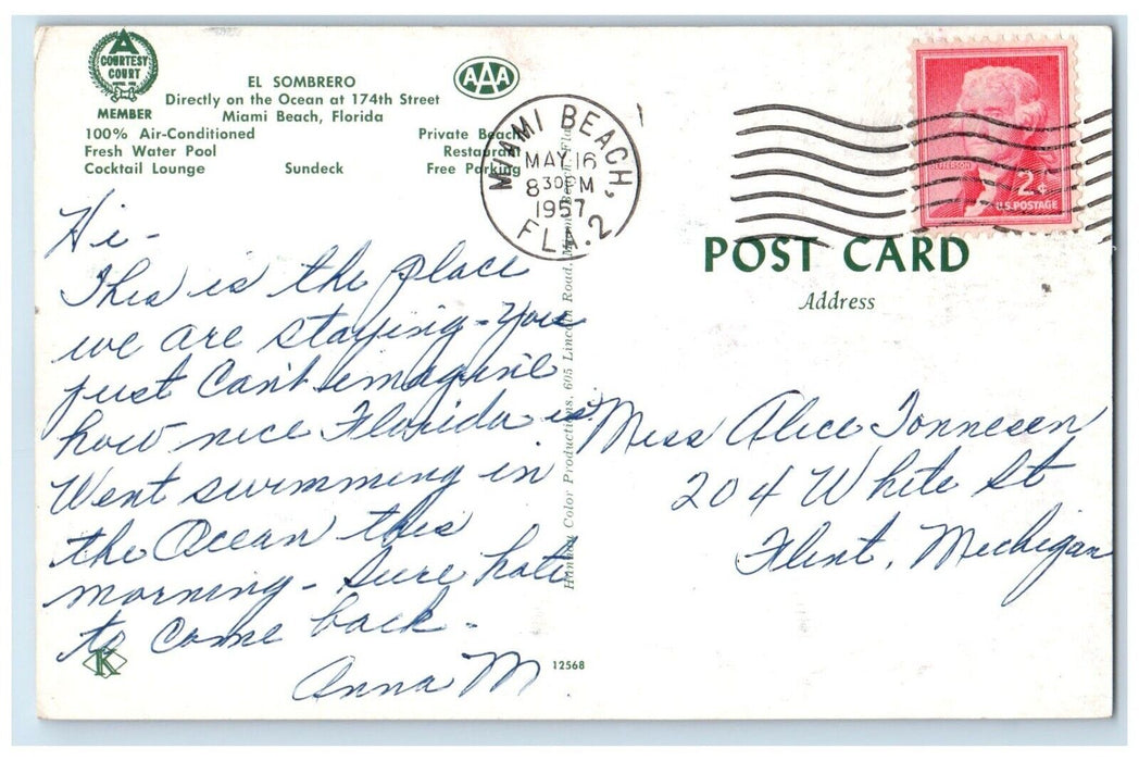 1957 El Sombrero Motel Exterior Water Pool Lounge Miami Beach Florida Postcard