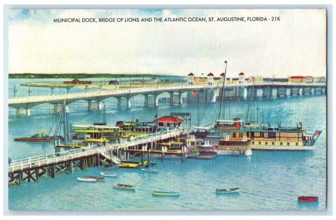 1940 Municipal Dock Bridge Lions Atlantic Ocean St Augustine Florida FL Postcard