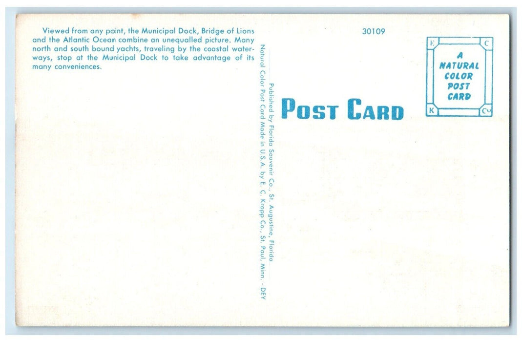 1940 Municipal Dock Bridge Lions Atlantic Ocean St Augustine Florida FL Postcard