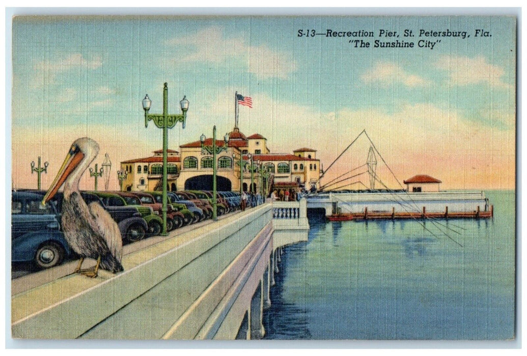 1948 Recreation Pier Pelican Bird Classic Cars St Petersburg Florida FL Postcard