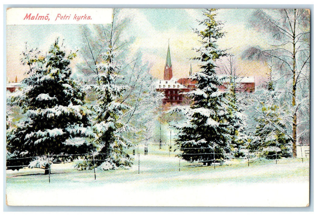 c1910 Winter Scene Malmo Petri Church Malmö Sweden Unposted Postcard