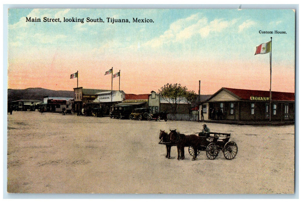 c1910 Main Street Looking South Tijuana Mexico Horse Carriage Postcard