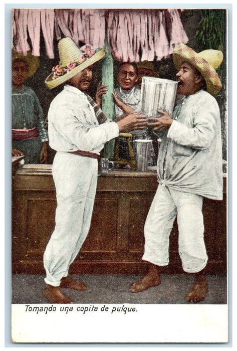 c1905 Scene Drinking a Glass of Pulque Mexico Antique Unposted Postcard