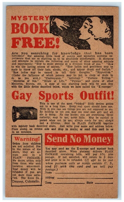 Mystery Book Free Gay Sports Outfit Marriage Advertising Denver CO Postcard
