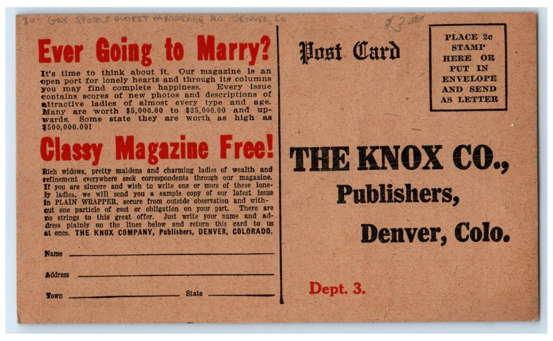 Mystery Book Free Gay Sports Outfit Marriage Advertising Denver CO Postcard