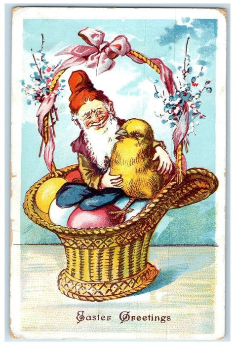 Easter Greetings Elf Gnome Chick Basket Eggs Pipe Berry Baileyville KS Postcard