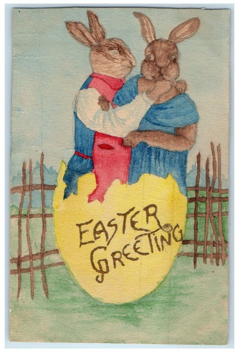 Easter Greetings Anthropomorphic Rabbit Egg Hand Drawn Painted Art Postcard