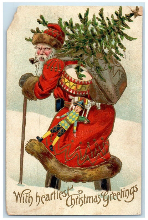 1908 Christmas Greetings Santa Claus Pipe Sack Of Toys Embossed Antique Postcard