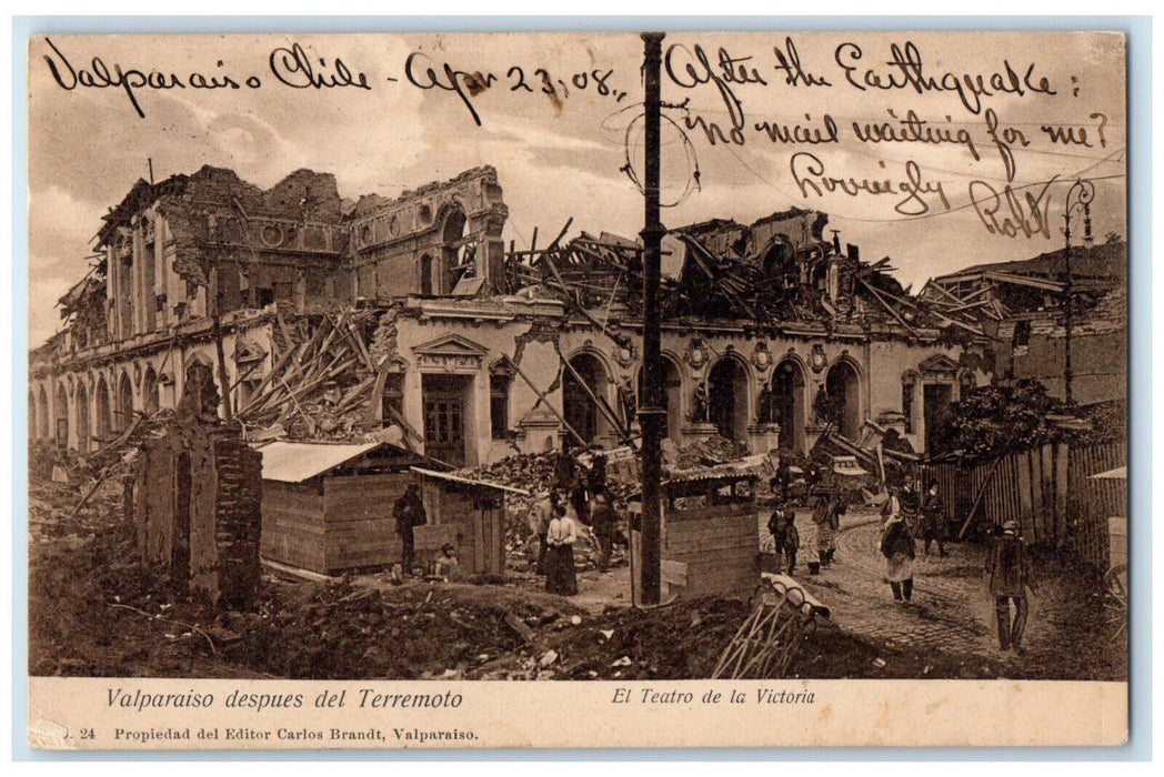 1908 The Victory Theater Valparaiso After the Earthquake Chile Postcard