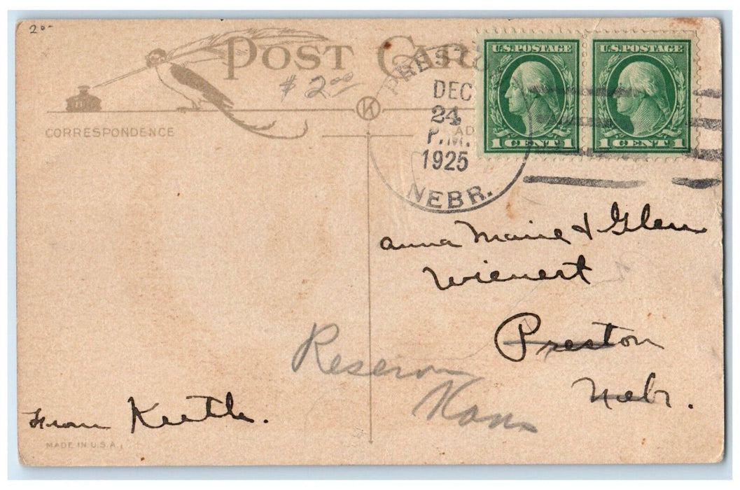 1925 Merry Christmas Jolly Santa Claus Preston Nebraska NE Vintage Postcard