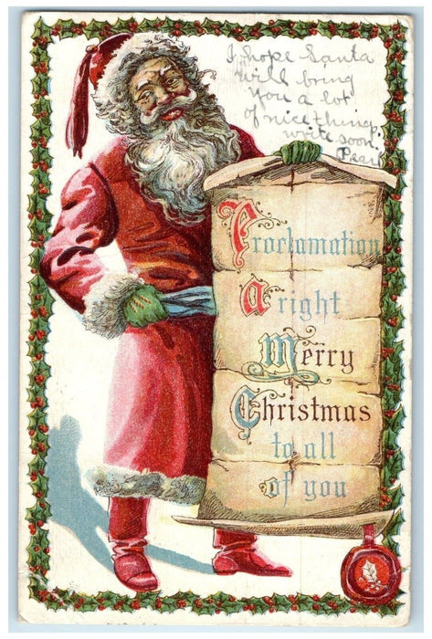 1917 Christmas Santa Claus Holly Berries Embossed Camp Funston KS Postcard