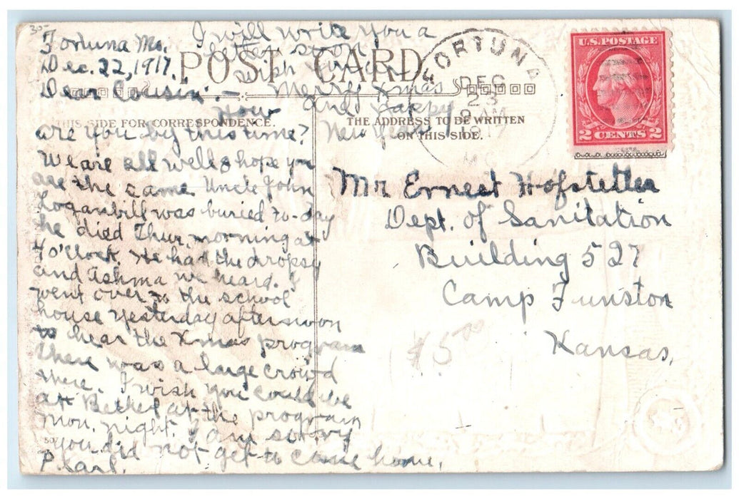1917 Christmas Santa Claus Holly Berries Embossed Camp Funston KS Postcard