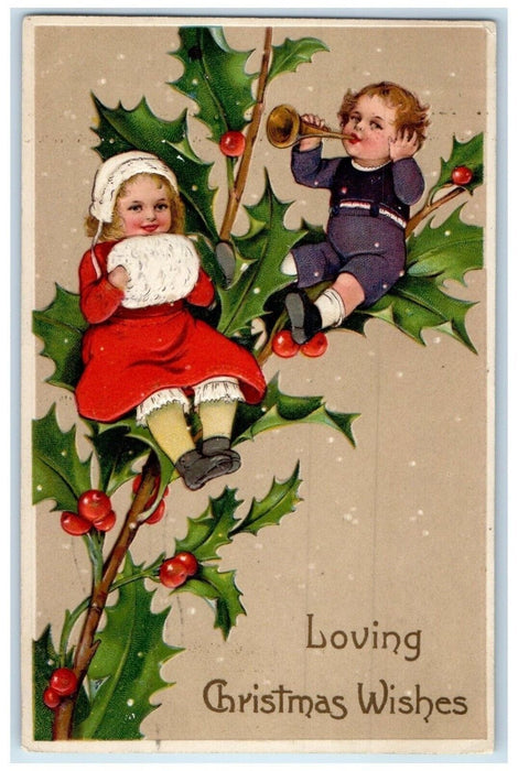 1909 Christmas Children Handwarmer Trumpet Holly Berries Embossed Postcard
