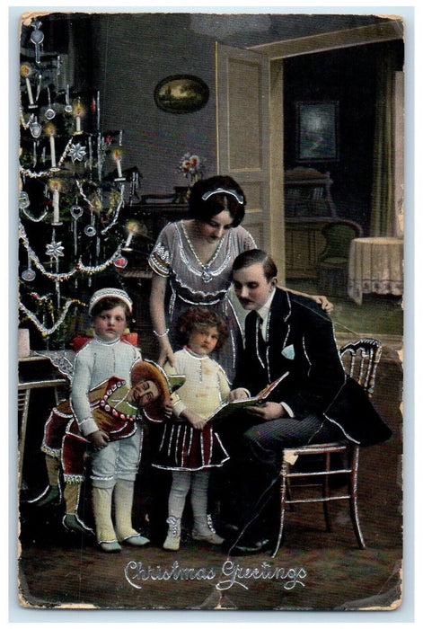 c1910's Christmas Greetings Family Mexican Doll Gel Embossed Antique Postcard