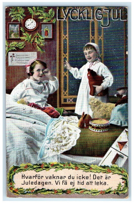 1910 Sweden Christmas Morning Children On Bed Holly Berries Antique Postcard
