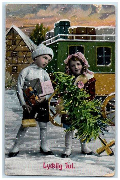 c1910's Christmas Tree Children Winter Snowfall Sweden Gel Antique Postcard