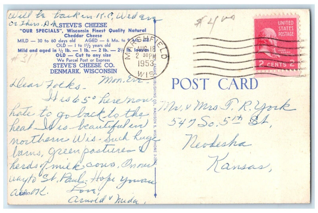 1953 Home Steve Cheese Company Restaurant Denmark Wisconsin WI Antique Postcard