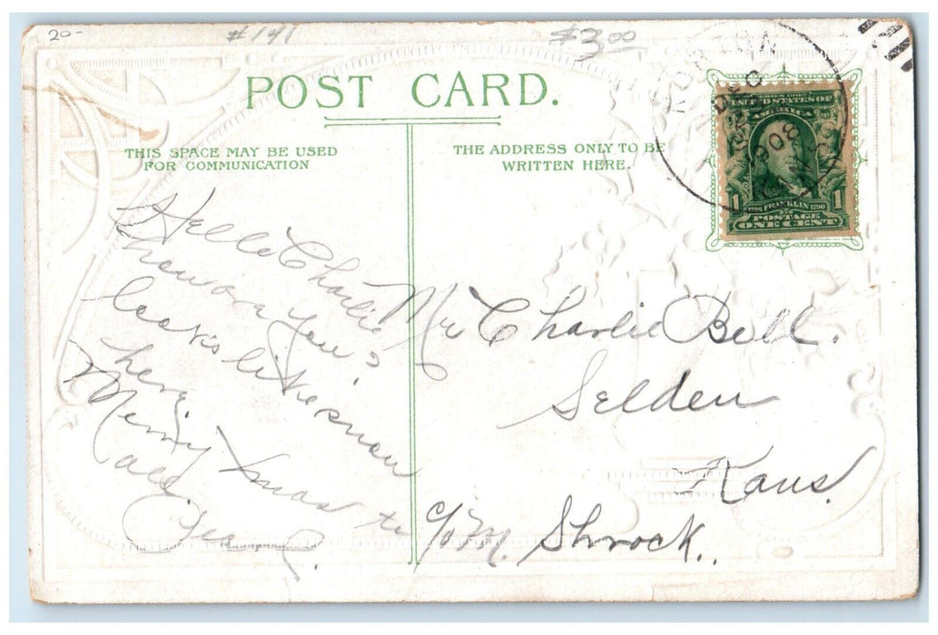 1908 Christmas Dutch Kids Holly Berries Umbrella Embossed Antique Postcard