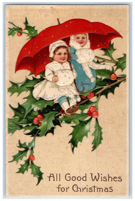 c1910's Christmas Children Holly Berries Umbrella Handwarmer Embossed Postcard