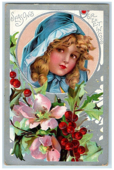 1909 Season Greetings Pretty Girl Curly Hair Flowers Berries Embossed Postcard