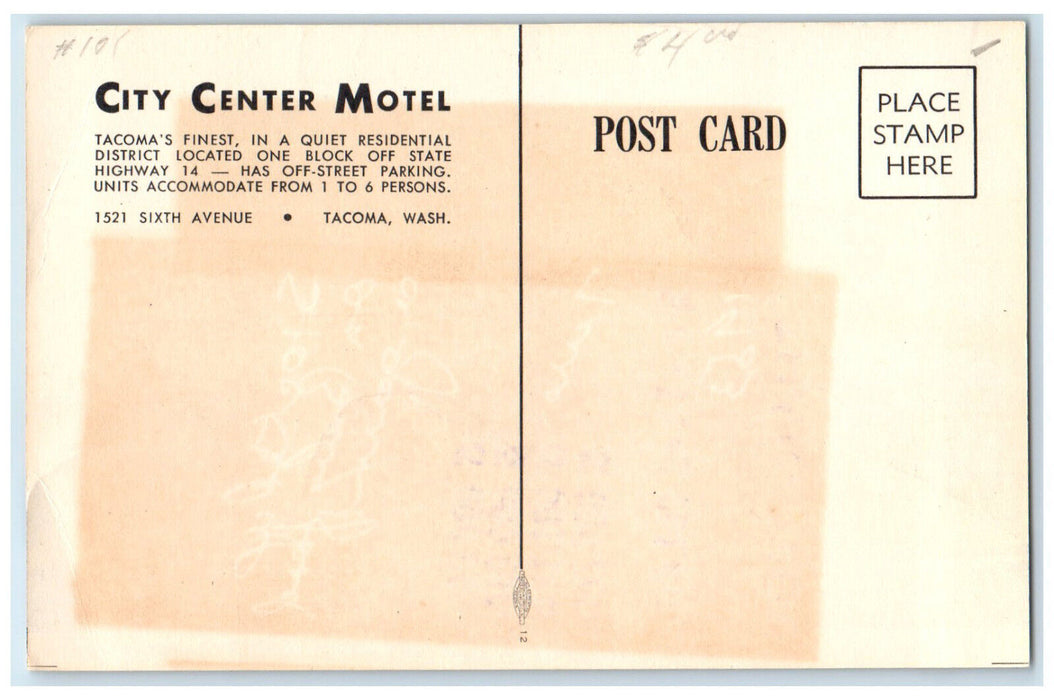 c1950's City Center Motel Map Building Tacoma Washington WA Postcard