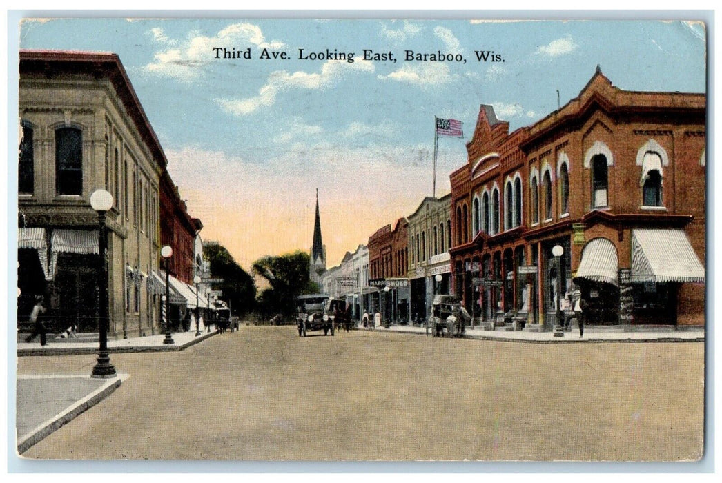 1918 Third Ave Looking East Street Road Cars Baraboo Wisconsin Vintage Postcard