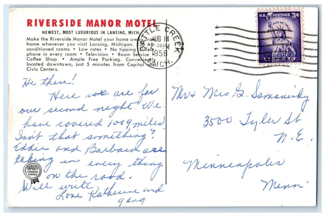 1958 Riverside Manor Motel Lansing Newest And Most Luxurious Motel MI Postcard