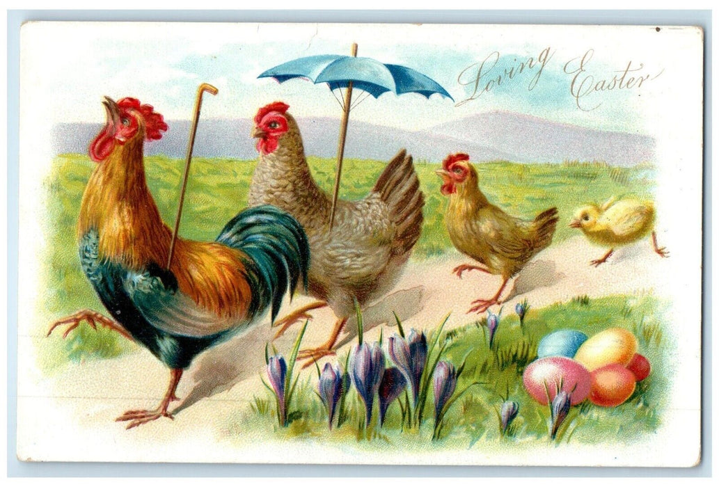 c1905 Easter Anthropomorphic Rooster Chicken Hen Chick Eggs Flowers Postcard