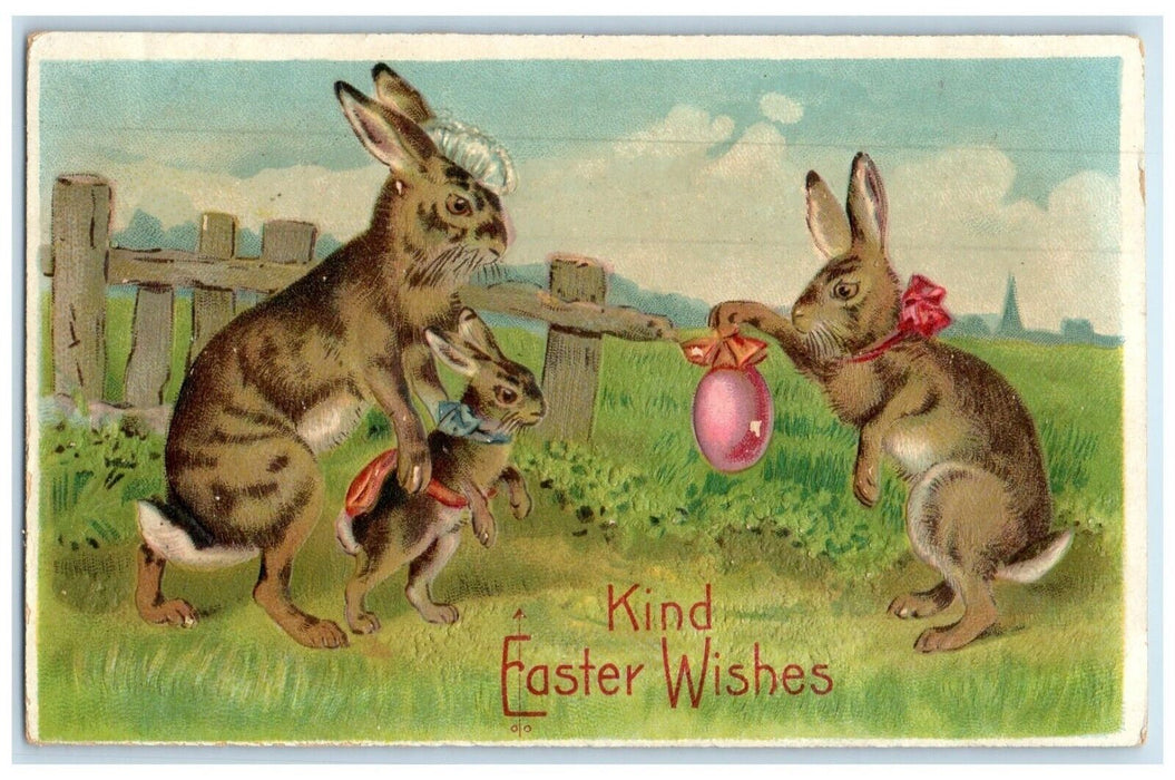 c1910's Easter Wishes Anthropomorphic Rabbit Egg Embossed Antique Postcard