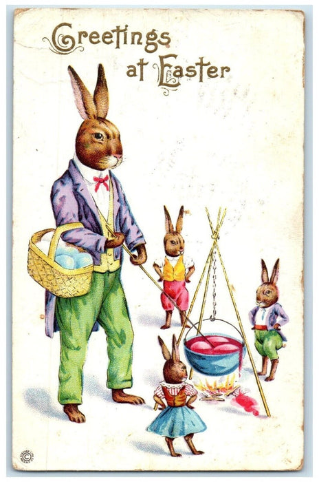 1916 Easter Greetings Anthropomorphic Rabbit Cooking Egg Embossed Postcard