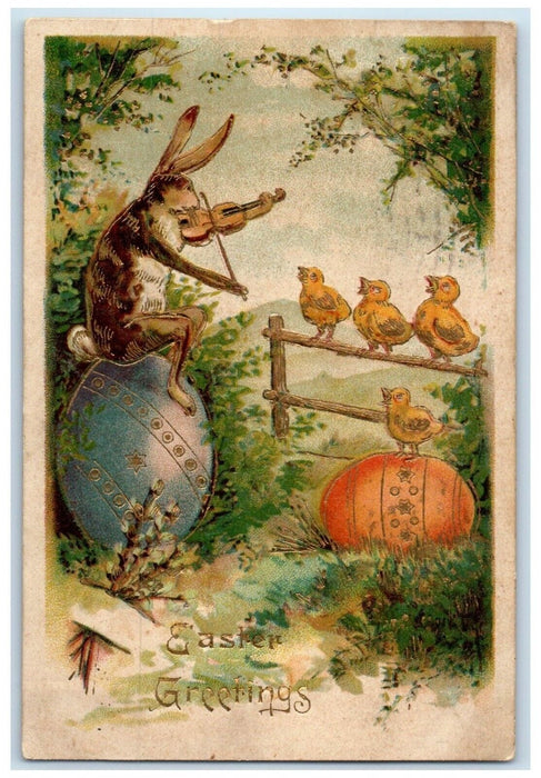 1909 Easter Greetings Anthropomorphic Rabbit Guitar Chicks Singing Eggs Postcard