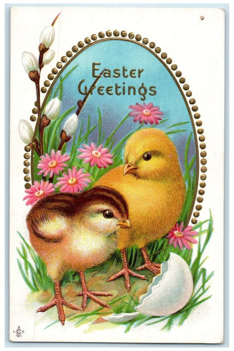 c1910's Easter Greetings Chicks Daisy Flowers Pipe Berry Hatched Egg Postcard