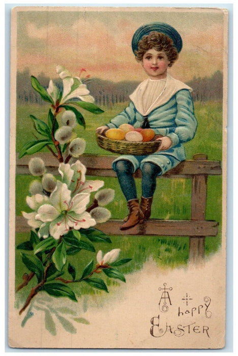 1910 Easter Boy Sat On Fence Pipe Berry Flowers Embossed Leavenworth KS Postcard