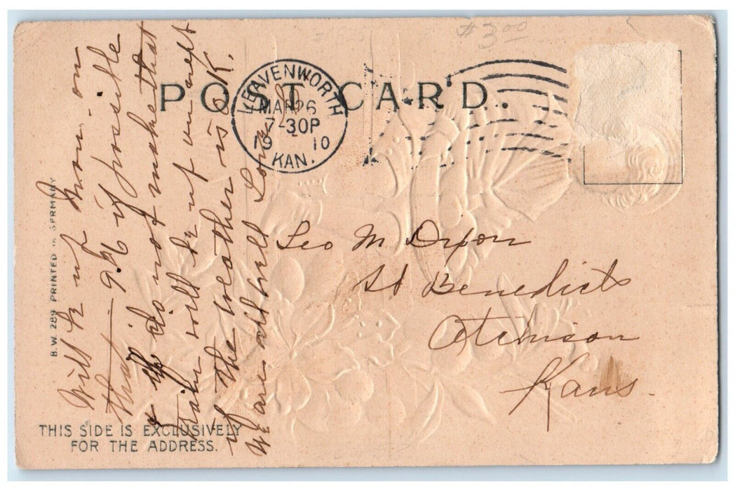 1910 Easter Boy Sat On Fence Pipe Berry Flowers Embossed Leavenworth KS Postcard