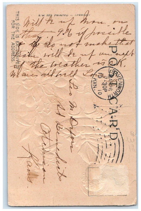 1910 Easter Boy Sat On Fence Pipe Berry Flowers Embossed Leavenworth KS Postcard