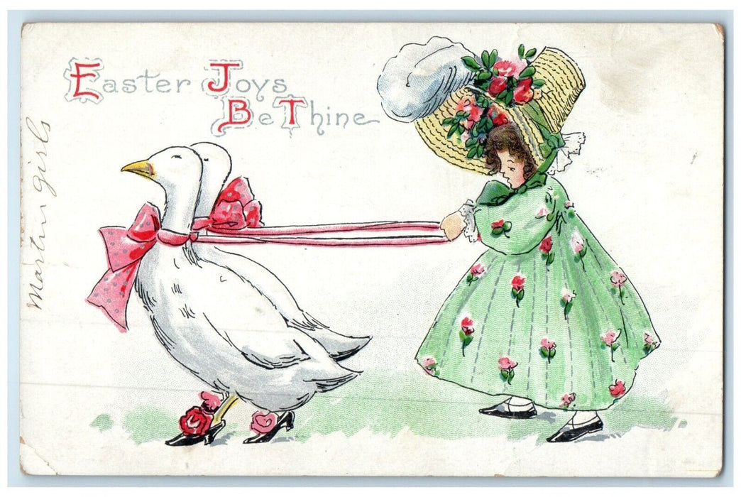 c1910's Easter Anthropomorphic Ducks Girl Floral Big Hat Embossed Postcard