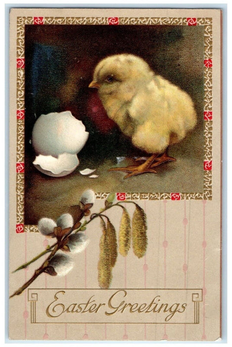 c1910's Easter Greetings Chick Hatched Egg Pipe Berry Cattail Embossed Postcard