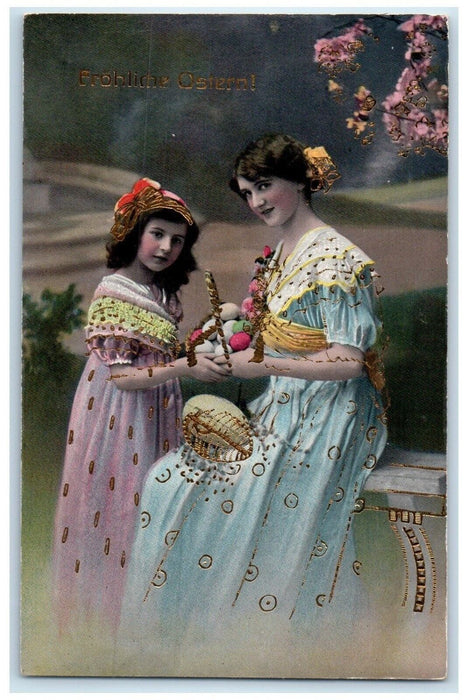 c1910's Easter Woman And Daughter Eggs In Basket German Gel Gold Gilt Postcard
