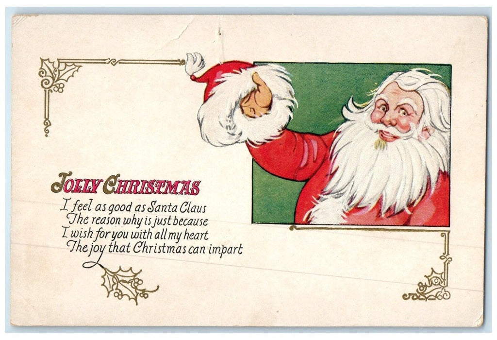 1923 Jolly Christmas Santa Claus Hat Berries Embossed Posted Antique Postcard