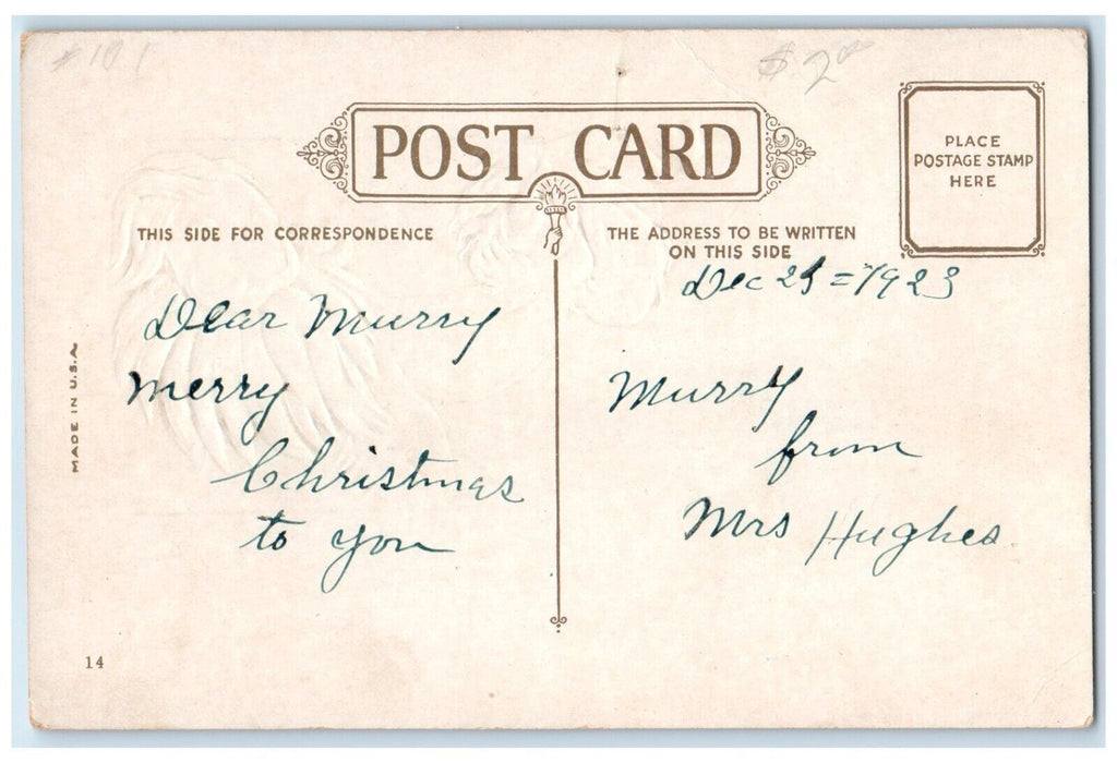 1923 Jolly Christmas Santa Claus Hat Berries Embossed Posted Antique Postcard
